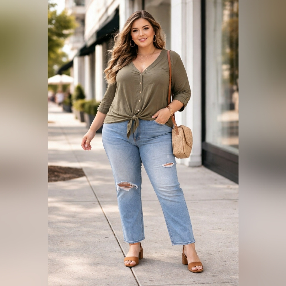 🆕️ Lane Bryant 18/20 Button Down Tie Hem Olive Green Top 3/4 Sleeve Lightweight